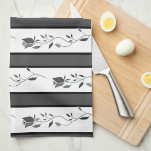 Zwart en wit grijs vintage gestreept met rozen theedoek