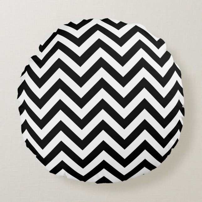 Zwart en wit groot chevron zigzagpatroon rond kussen (Voorkant)