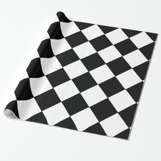 Zwart en wit groot dambord diamantpatroon cadeaupapier (Uitgerold)