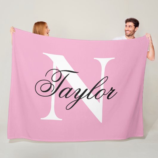 Zwart en Wit Grote Chic Monogram Roze Fleece Deken (In situ)