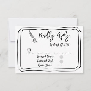 Zwart en wit handgetekend eenvoudig huwelijk RSVP kaartje