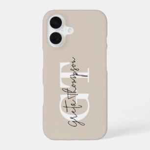 Zwart en Wit Handtekening Naam Monogram Beige iPhone 16 Hoesje