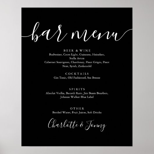 Zwart En Wit Handtekening Script Bar Menu Bord Poster (Voorkant)