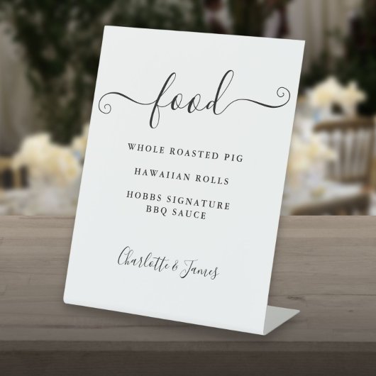 Zwart en wit handtekening script eten menu reclamebord met voetstuk