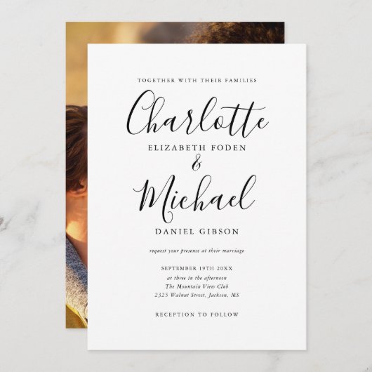 Zwart En Wit Handtekening Script Foto Bruiloft Kaart (Voorkant / Achterkant)