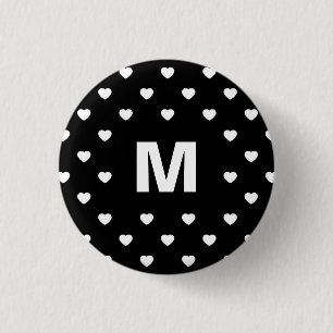 Zwart en wit harten polka stippenpatroon monogram ronde button 3,2 cm