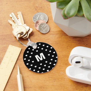 Zwart en Wit Harten Polka Stippenpatroon Monogram Sleutelhanger
