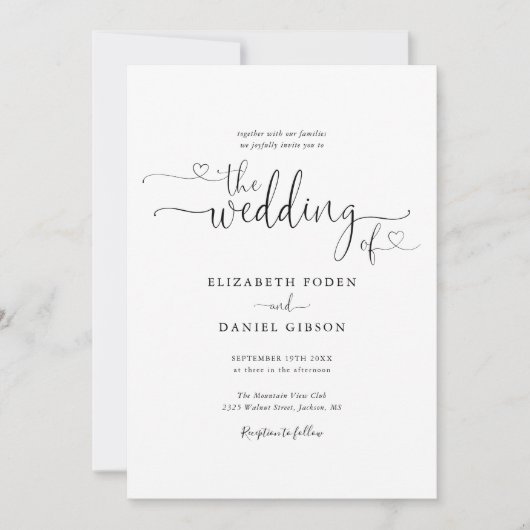 Zwart En Wit Harten Script Calligrafie Bruiloft Kaart (Voorkant)