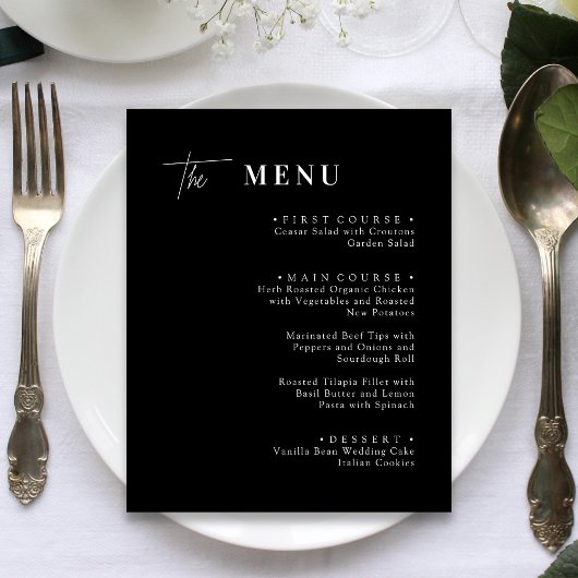 Zwart en Wit Huwelijksdiner Menu Kaarten