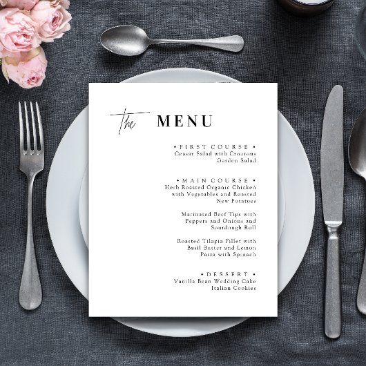 Zwart en Wit Huwelijksdiner Menu Kaarten