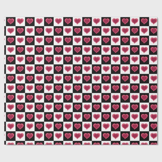 Zwart en wit ingecheckt patroon, rode harten cadeaupapier (Vlak)