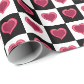 Zwart en wit ingecheckt patroon, rode harten cadeaupapier (Rol Hoek)