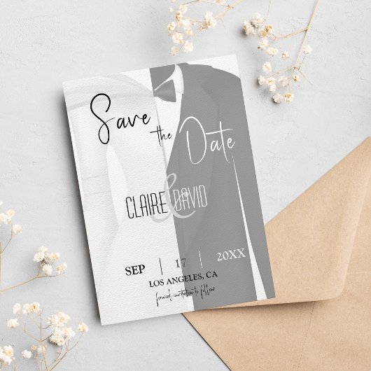 Zwart en Wit Jurk Smoking Save The Date Kaart