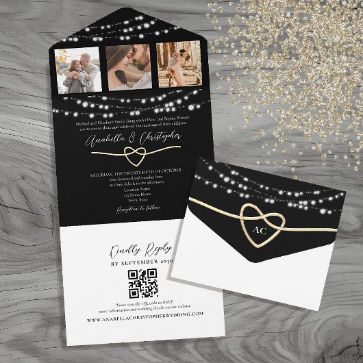 Zwart en Wit Kerstverlichting Huwelijk QR Code All In One Uitnodiging