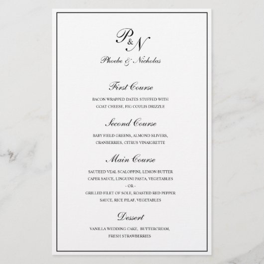 Zwart en wit klassiek elegant trouwmenu (Voorkant)
