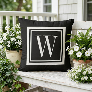 Zwart en Wit Klassiek Vierkant Monogram Buitenkussen