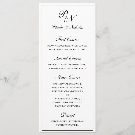 Zwart en wit klassieke elegante bruiloft menu (Voorkant)