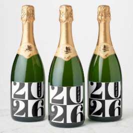 Zwart en Wit Krachtige Jaarblokken Nieuwjaarsfeest Sparkling Wijnetiket