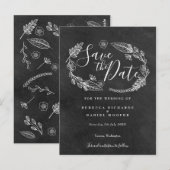 Zwart en wit krijtbord bloemensave the date briefkaart (Voorkant / Achterkant)