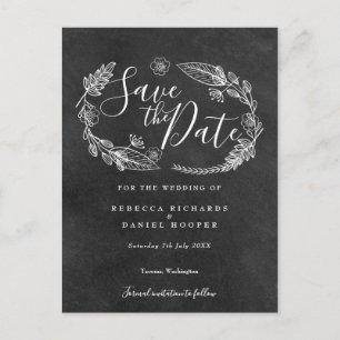 Zwart en wit krijtbord bloemensave the date briefkaart