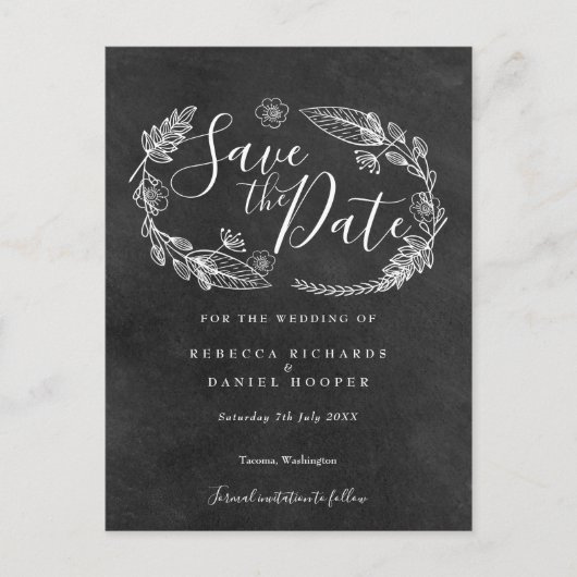 Zwart en wit krijtbord bloemensave the date briefkaart (Voorkant)