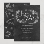 Zwart en wit krijtbord bloemenslingerscript save the date (Voorkant / Achterkant)