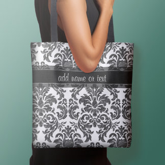 Zwart en wit krijtbord damast patroon schrift tote bag