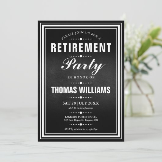 Zwart en wit krijtbord foto pensioenfeest  kaart (Staand voorkant)