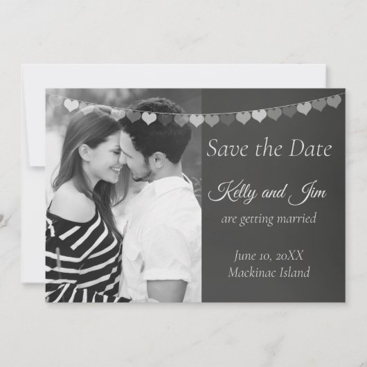 Zwart en wit krijtbord foto save the date (Voorkant)