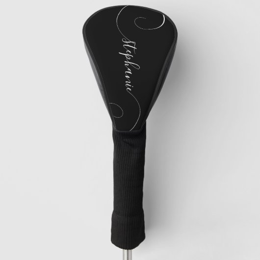 Zwart en Wit Krullerig Script Naam Golfheadcover (Voorkant)