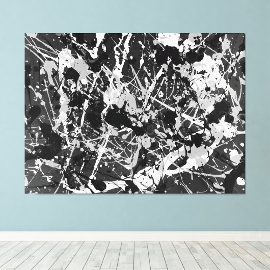 ZWART EN WIT L V - Action painting -Abstract- Canvas Afdruk (Insitu (Houten vloer))