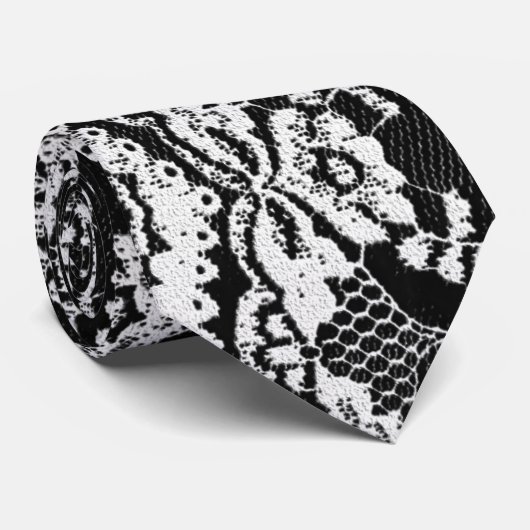 Zwart en wit leder en kant stropdas (Opgerold)