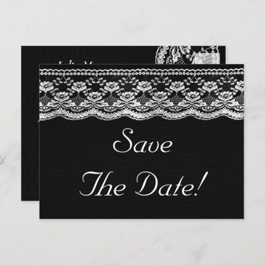 Zwart en wit leder en oorkonde bewaren de datum aankondigingskaart (Voorkant / Achterkant)