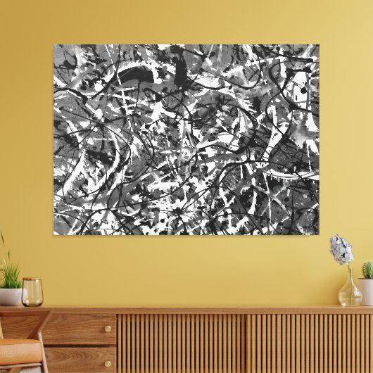 ZWART EN WIT LI - Action painting -Abstract- Canvas Afdruk (Insitu (Woonkamer))