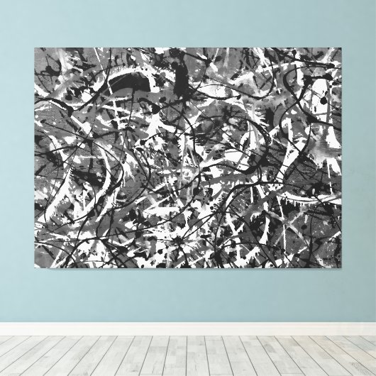 ZWART EN WIT LI - Action painting -Abstract- Canvas Afdruk (Insitu (Houten vloer))