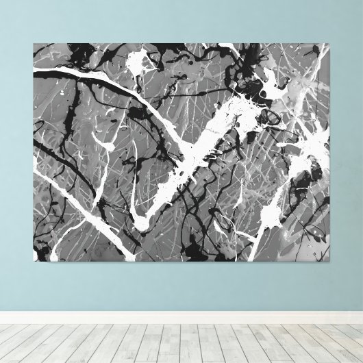 ZWART EN WIT LII - Action painting -Abstract- Canvas Afdruk (Insitu (Houten vloer))