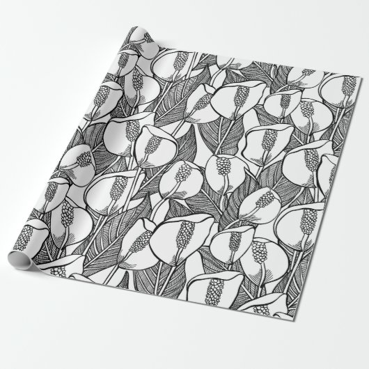 Zwart en wit Lily Pattern Cadeaupapier (Uitgerold)