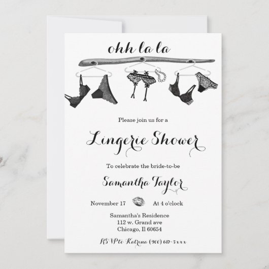Zwart en wit lingerie douche kaart (Voorkant)