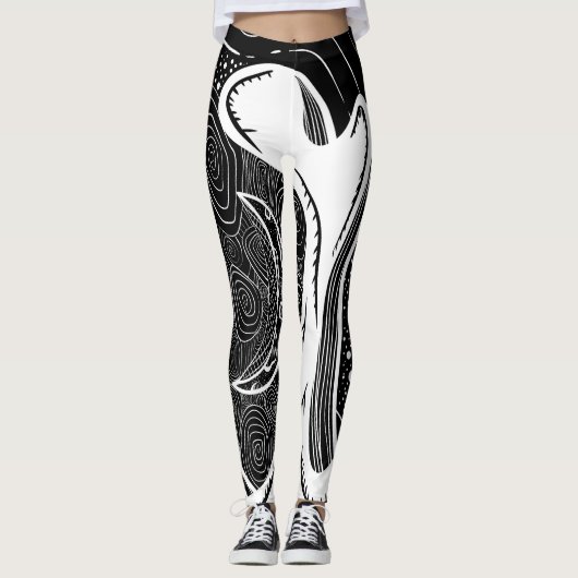 Zwart en wit Maan en Golven Leggings (Voorkant)
