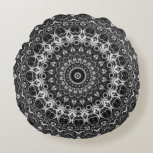 Zwart en Wit Mandala Geometrisch Ontwerp Rond Kussen