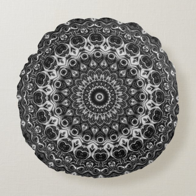 Zwart en Wit Mandala Geometrisch Ontwerp Rond Kussen (Voorkant)