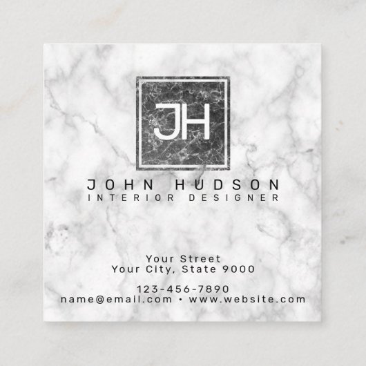 Zwart en wit marmer design Modern Monogram Busi Vierkante Visitekaartje (Achterkant)