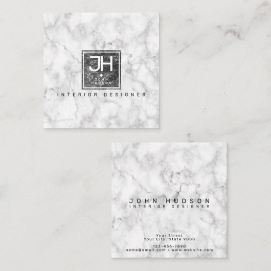 Zwart en wit marmer design Modern Monogram Busi Vierkante Visitekaartje (Voorkant / Achterkant)