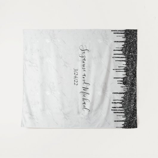 Zwart en Wit Marmer Glitter Druppels Bruiloft Wandkleed (Voorkant (horizontaal))