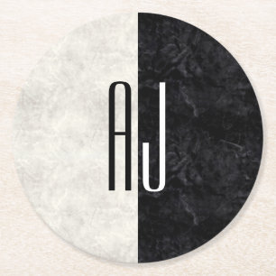 Zwart en Wit Marmer Initiaal Monogram Ronde Kartonnen Onderzetter