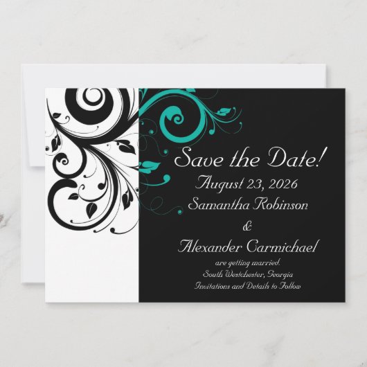 Zwart en wit met omgekeerde Teal werveling Save The Date (Voorkant)