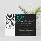 Zwart en wit met omgekeerde Teal werveling Save The Date (Staand voorkant)