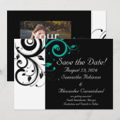 Zwart en wit met omgekeerde Teal werveling Save The Date (Voorkant / Achterkant)