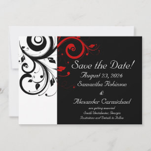 Zwart en wit met rode omgekeerde swirl save the date