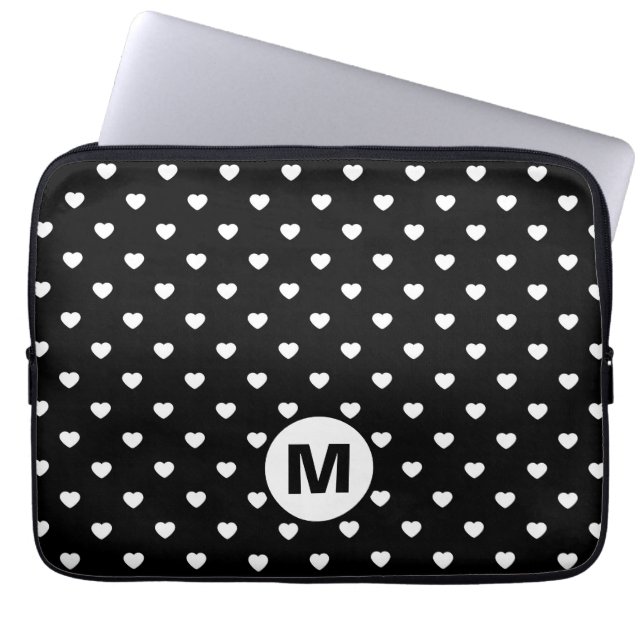 Zwart en Wit Mini Hartjes Patroon Monogram Laptop Sleeve (Voorkant)